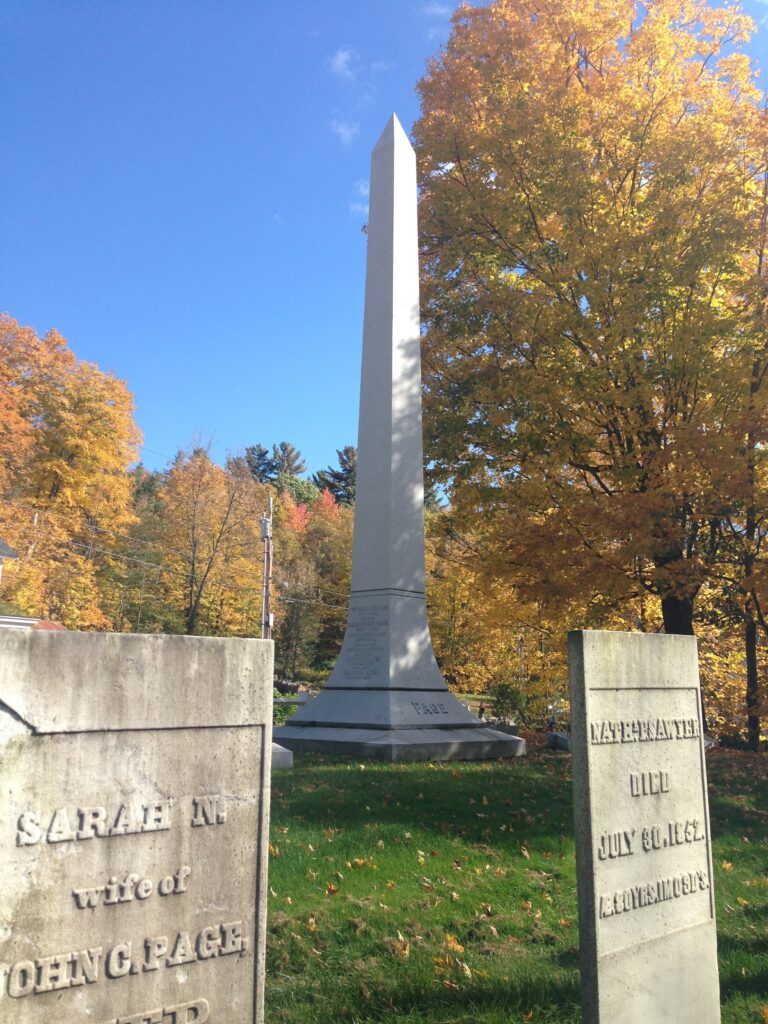 A cemetery with gray granite headstones in autumn.