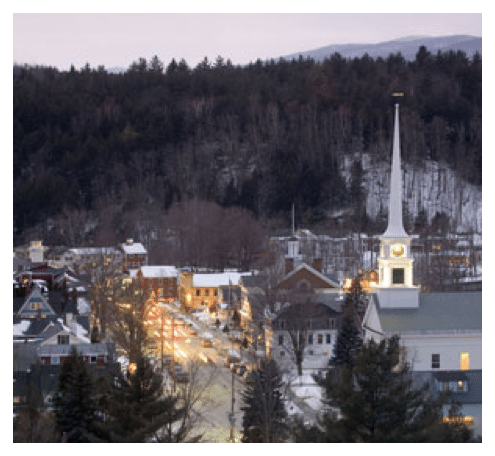 A contempory photo of an historic Vermont downtown taken from the air.