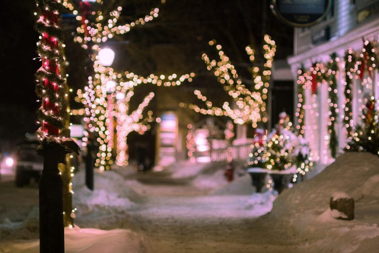 Trees lit up for the holidays in historic downtown Stowe. 