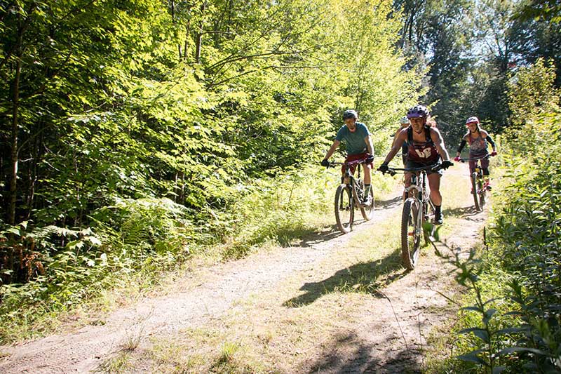 Three young adults ride bikes side-by-side along two dirt tracks along a forest.