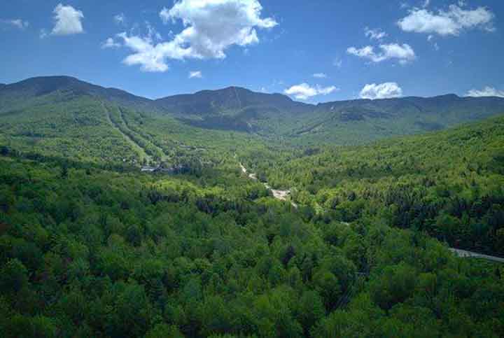 An aerial view of rolling green mountains in summer. 