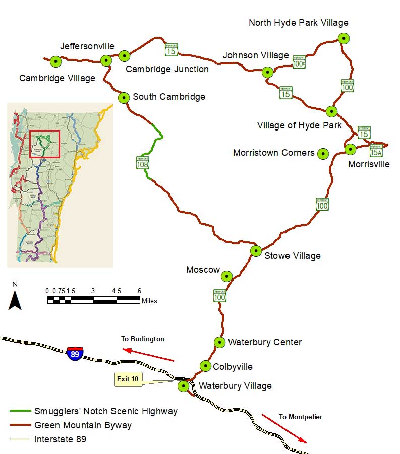 A hand-drawn map of towns and state roads along the Green Mountain Byway loop. 