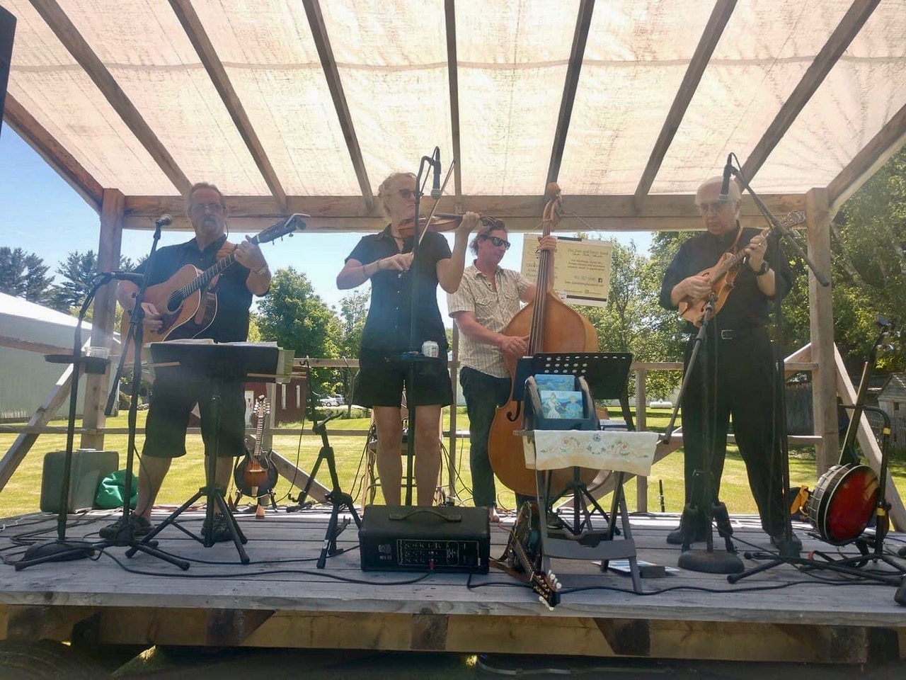 Four men play string intruments on a makeshift bandstand on a town green in summer.